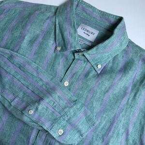 Ledbury Fine Shirting Mens XL 17.5 Tailored Fit Linen Cotton Striped Green Shirt